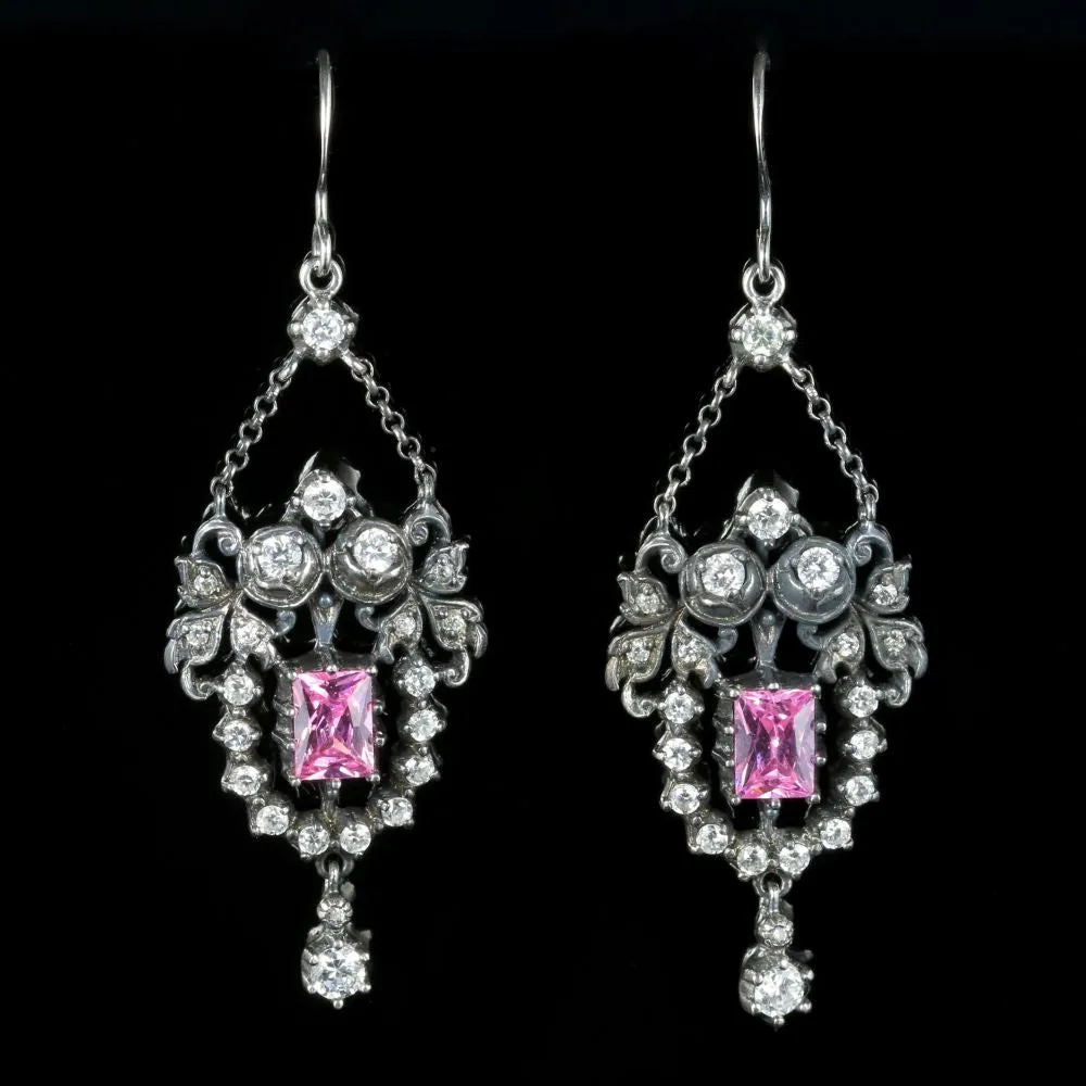 Paste Silver Drop Earrings White Pink Paste Stones