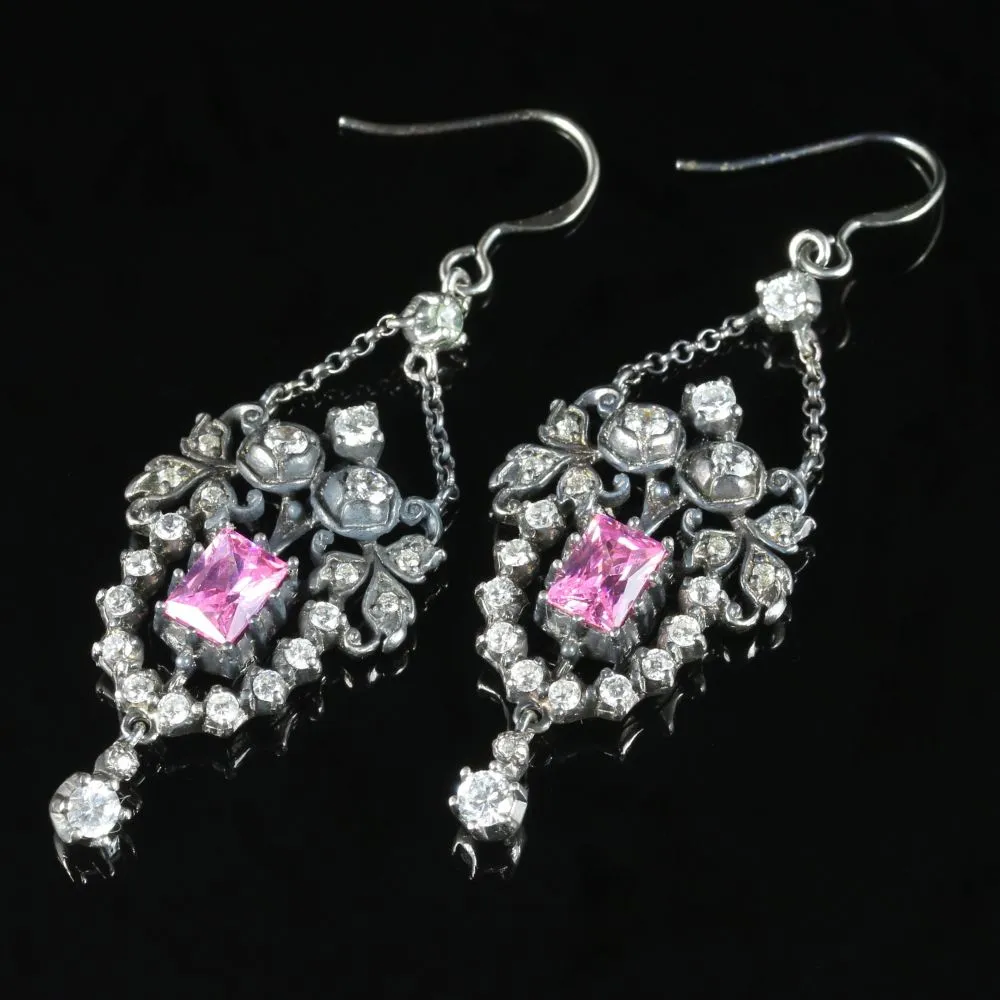 Paste Silver Drop Earrings White Pink Paste Stones