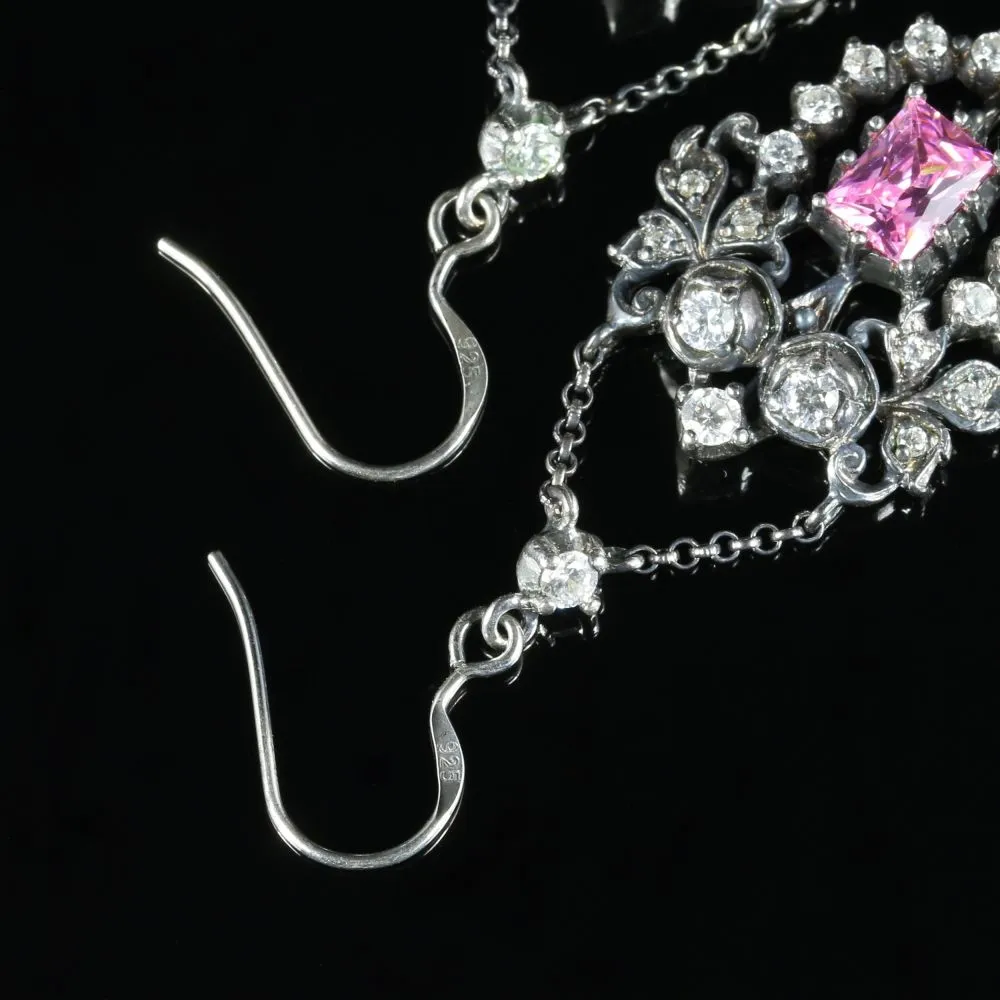 Paste Silver Drop Earrings White Pink Paste Stones