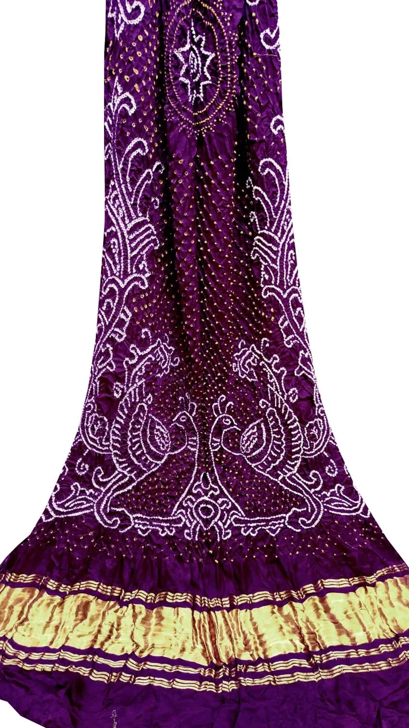 Purple Bandhani Pure Gajji Silk Peacock Design Dupatta