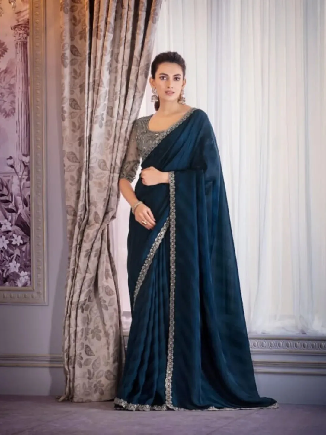 Resplendent Royal Blue Chiffon Shimmer Embroidered Saree