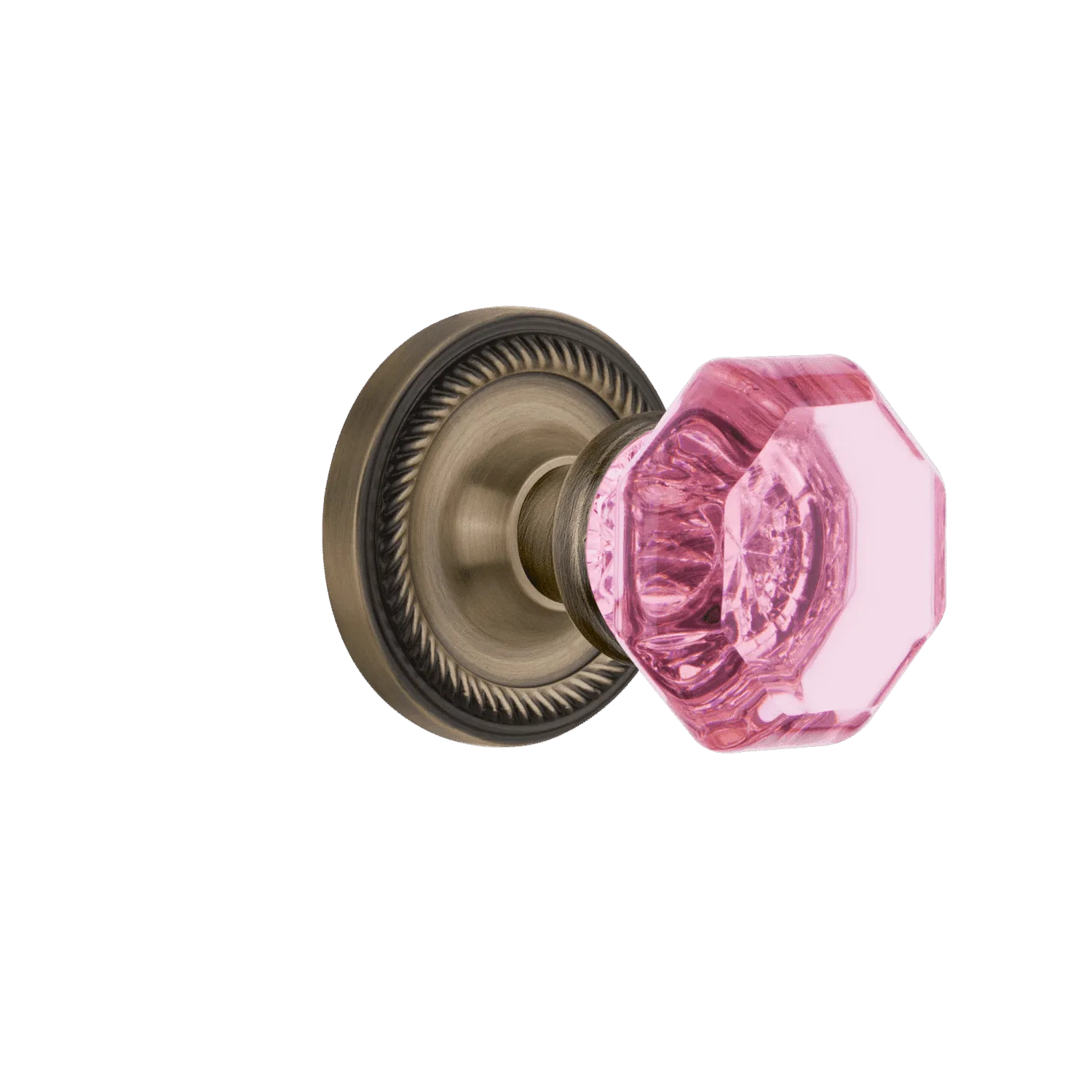 Rope Rosette with Pink Waldorf Knob in Antique Brass