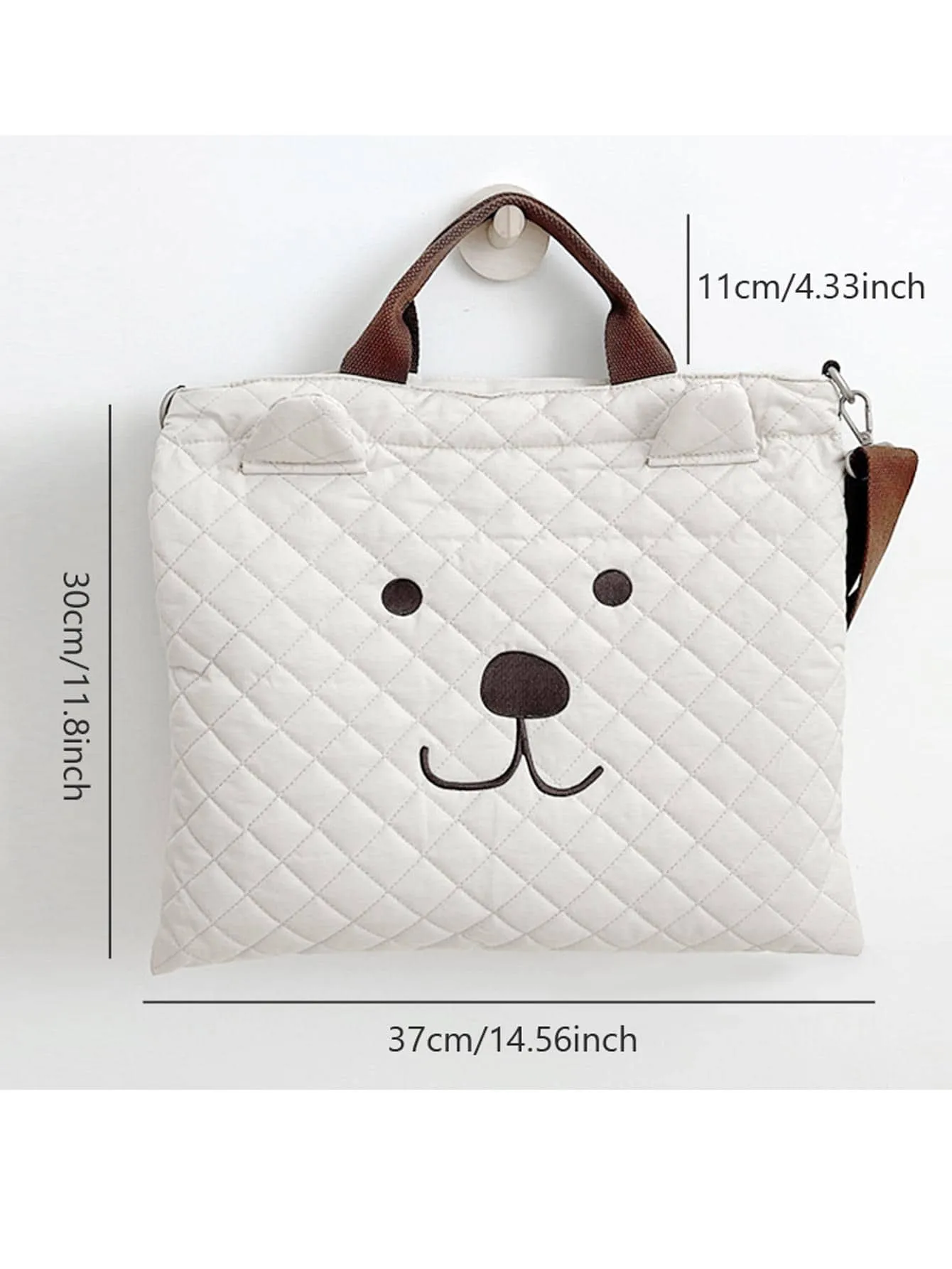 SHEIN 1pc Quilted Diaper Bag With Embroidered Cartoon Bear Design, White, Portable Maternity Travel Bag With Detachable Shoulder Strap For Mommy