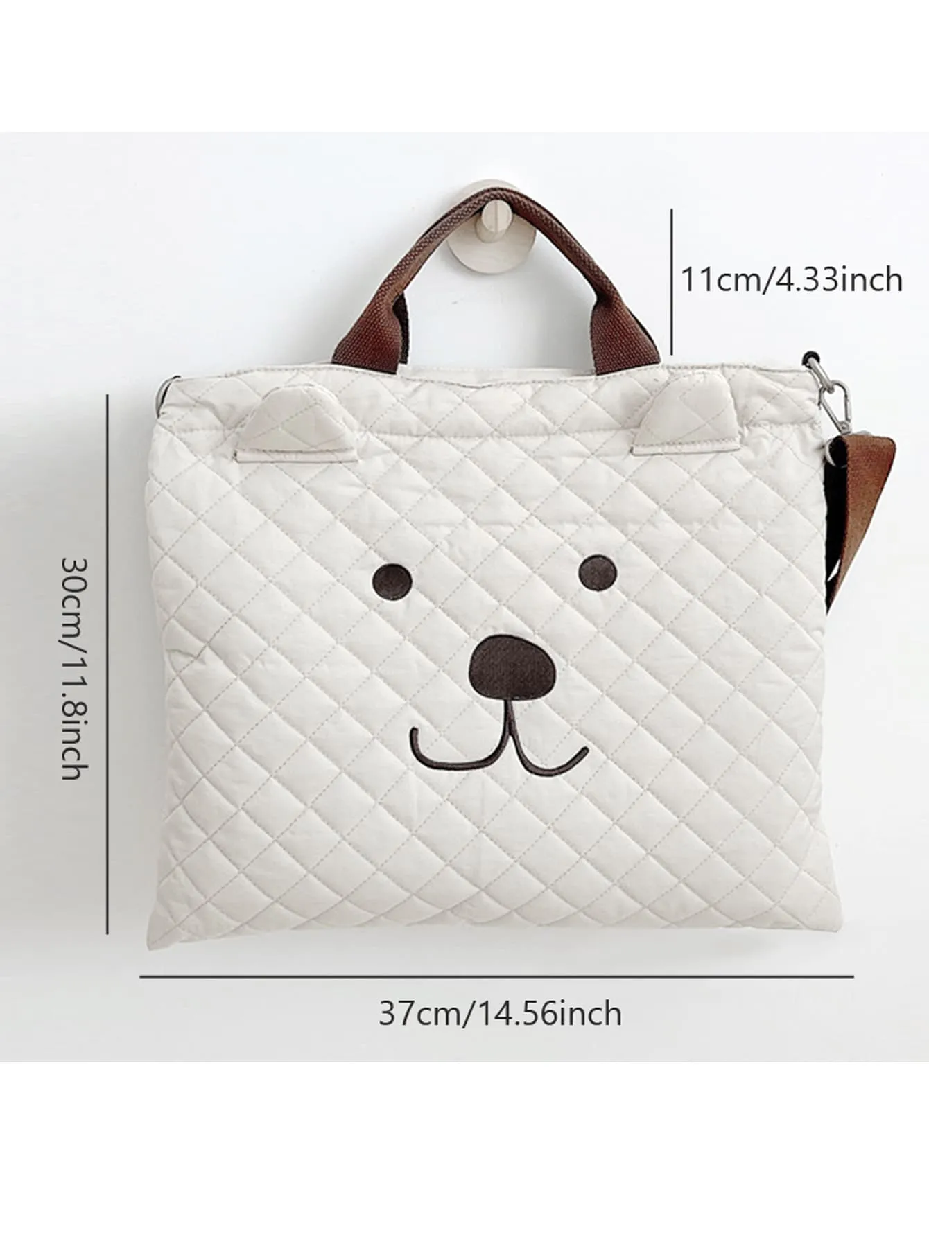 SHEIN 1pc Quilted Diaper Bag With Embroidered Cartoon Bear Design, White, Portable Maternity Travel Bag With Detachable Shoulder Strap For Mommy