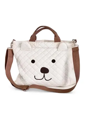 SHEIN 1pc Quilted Diaper Bag With Embroidered Cartoon Bear Design, White, Portable Maternity Travel Bag With Detachable Shoulder Strap For Mommy