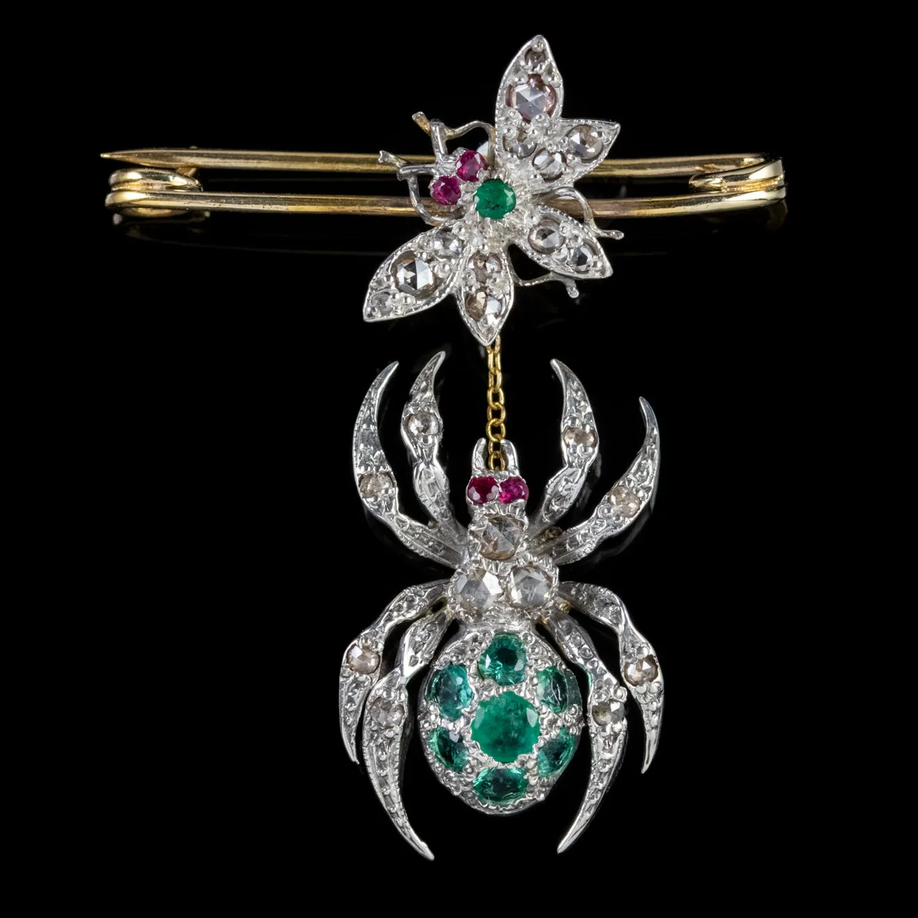 Spider Fly Brooch Emerald Diamond Ruby 18Ct Gold Silver