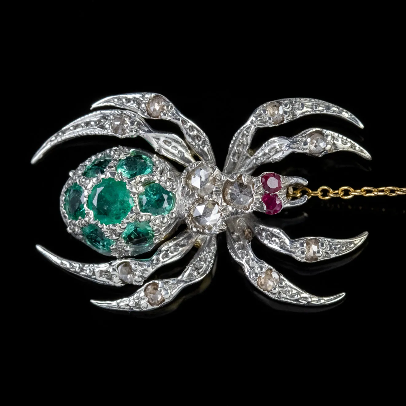 Spider Fly Brooch Emerald Diamond Ruby 18Ct Gold Silver