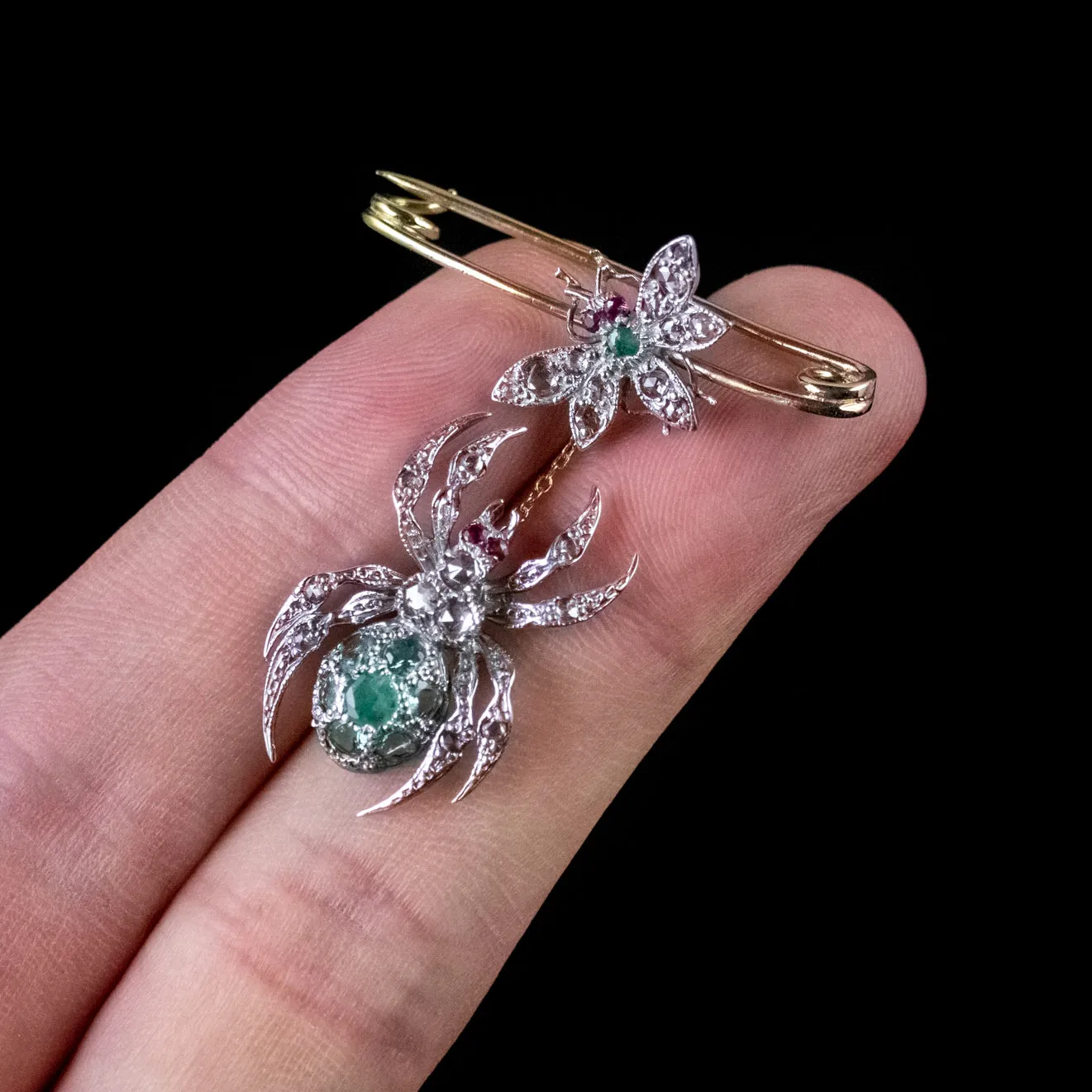 Spider Fly Brooch Emerald Diamond Ruby 18Ct Gold Silver