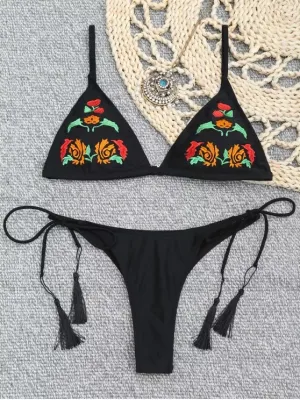 Stunning Embroidered Bikini Bra with Thong String Bottoms