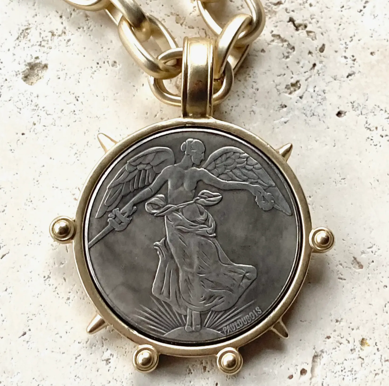 Stunning Matte Gold Rolo Chain With French Coin Pendant