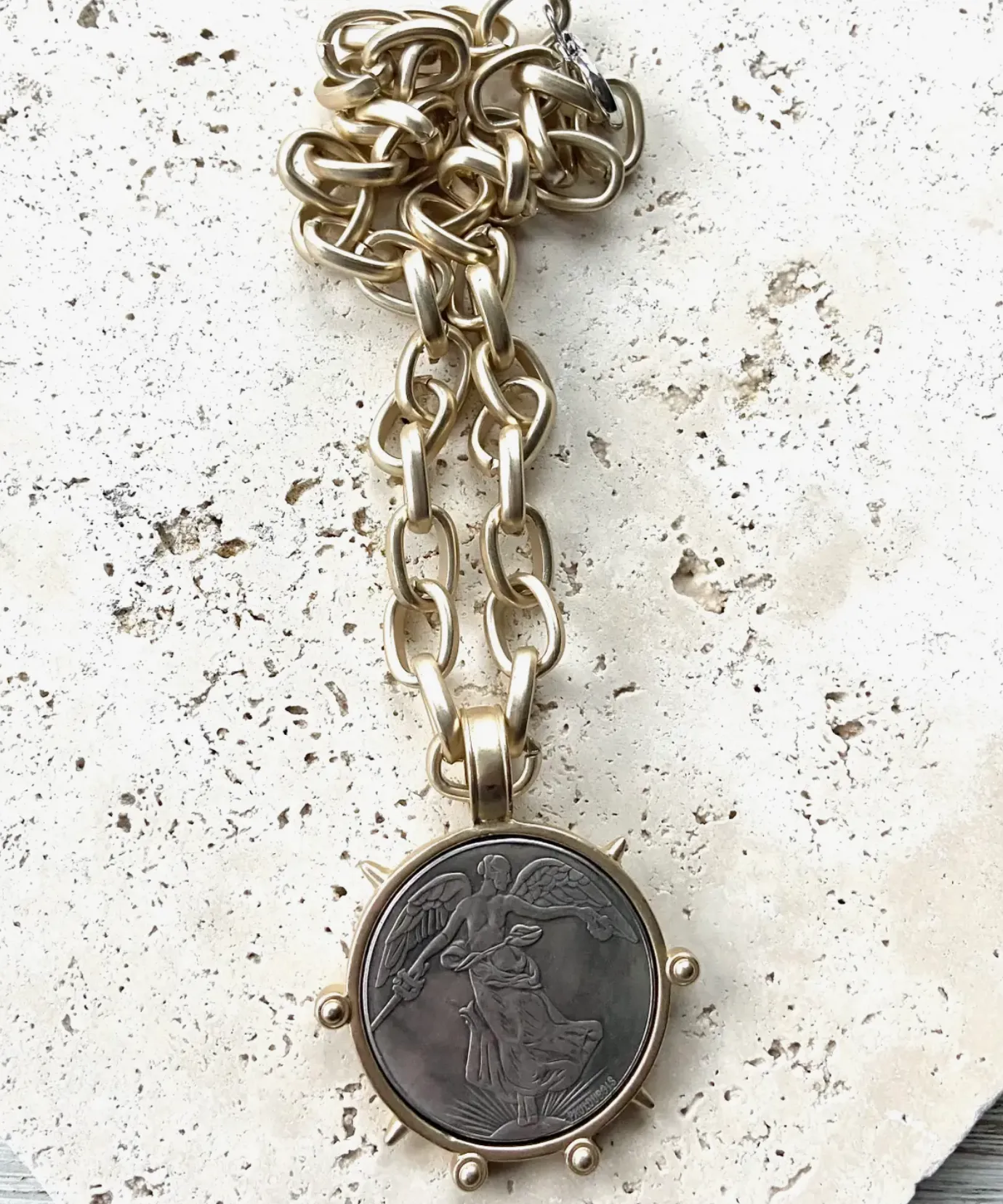 Stunning Matte Gold Rolo Chain With French Coin Pendant