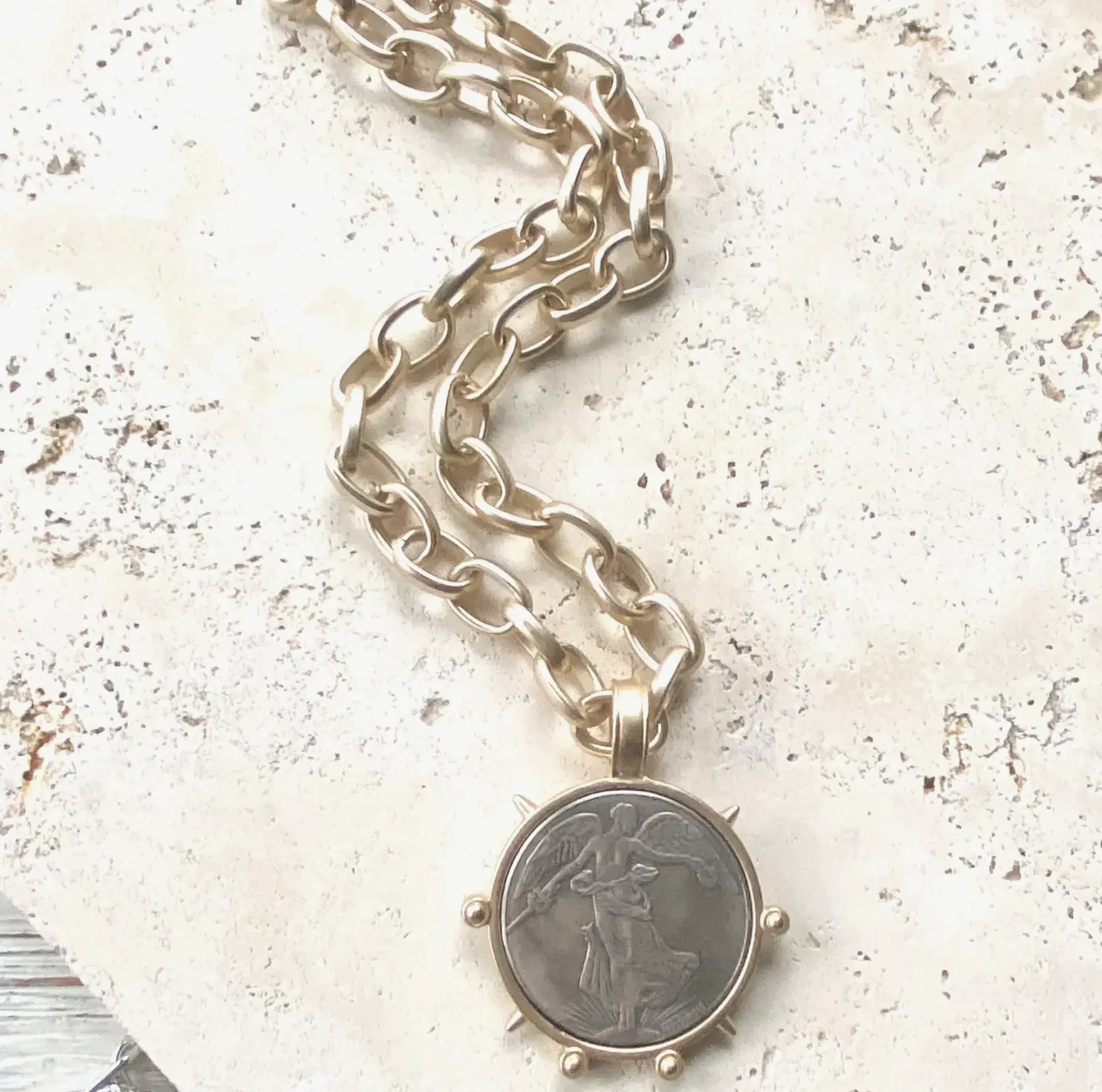 Stunning Matte Gold Rolo Chain With French Coin Pendant