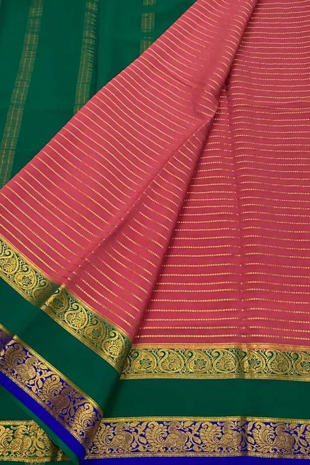 Stunning Pink & Green Mysore Handloom Crepe Silk Saree