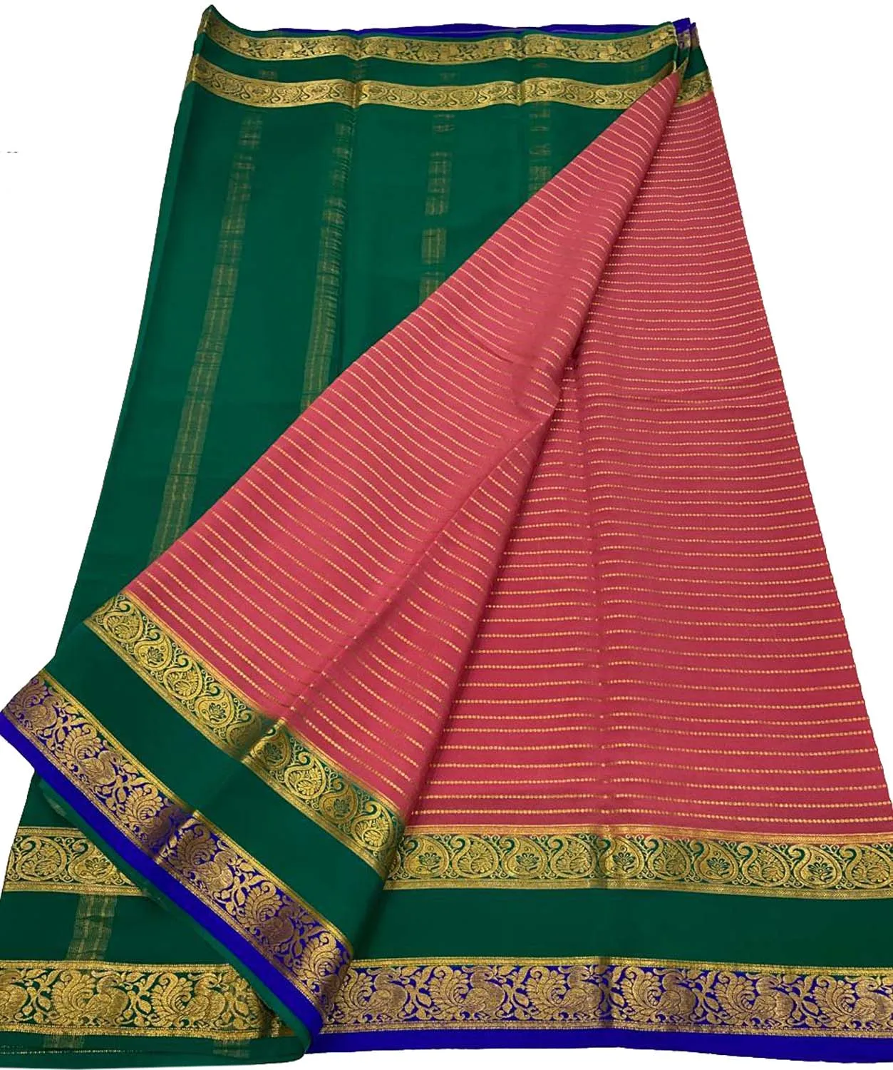 Stunning Pink & Green Mysore Handloom Crepe Silk Saree