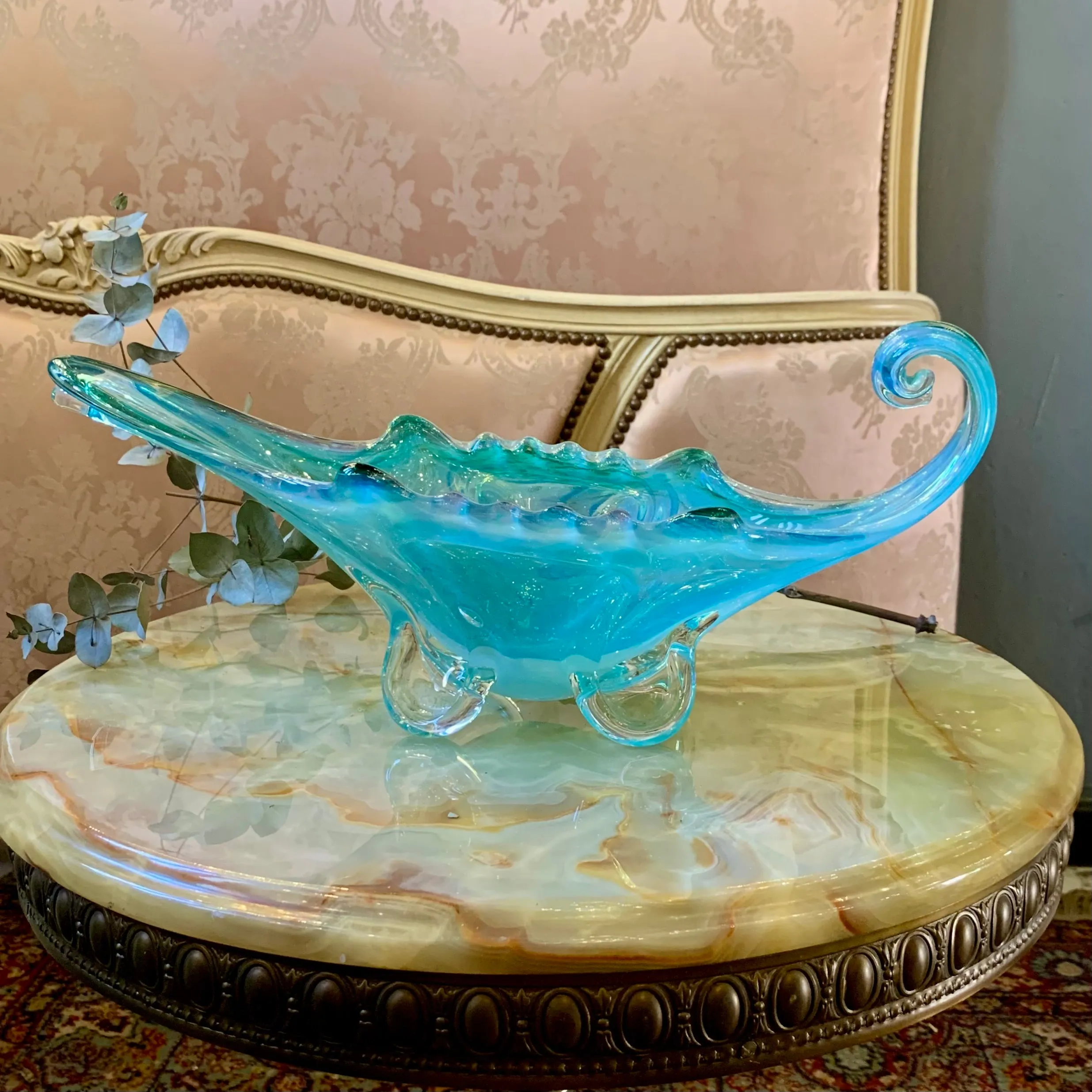 Stunning Sky Blue Murano Bowl with Gold Wisps