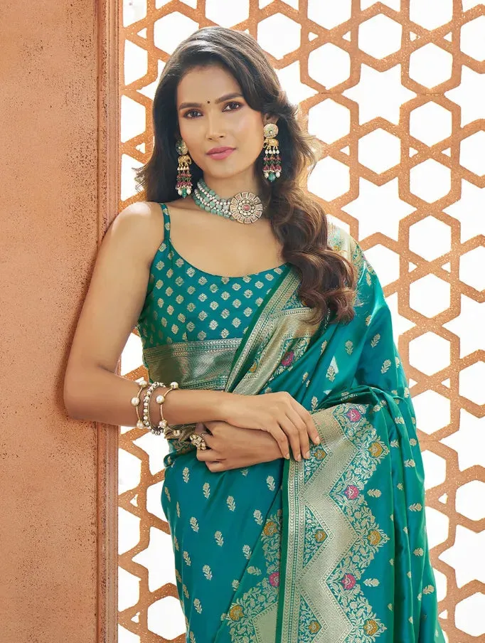 Stunning Teal Green Pure Banarasi Silk Traditional Saree