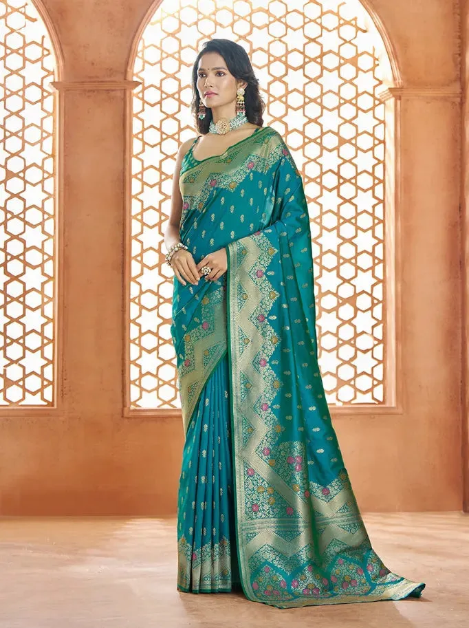 Stunning Teal Green Pure Banarasi Silk Traditional Saree