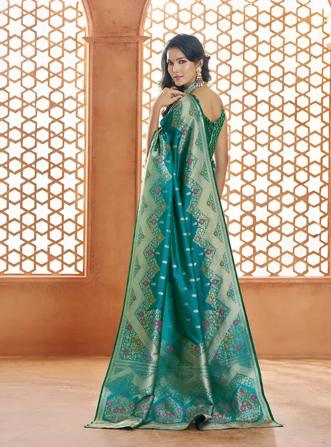 Stunning Teal Green Pure Banarasi Silk Traditional Saree