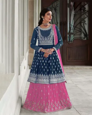 Stunning Thread Sequence Embroidered Georgette Blue & Pink Color Lehenga Set