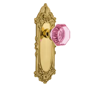 Victorian Long Plate with Pink Waldorf Knob in Unlacquered Brass