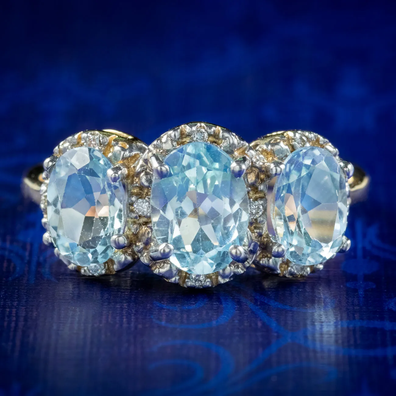 Victorian Style Blue Topaz Diamond Trilogy Gold Ring